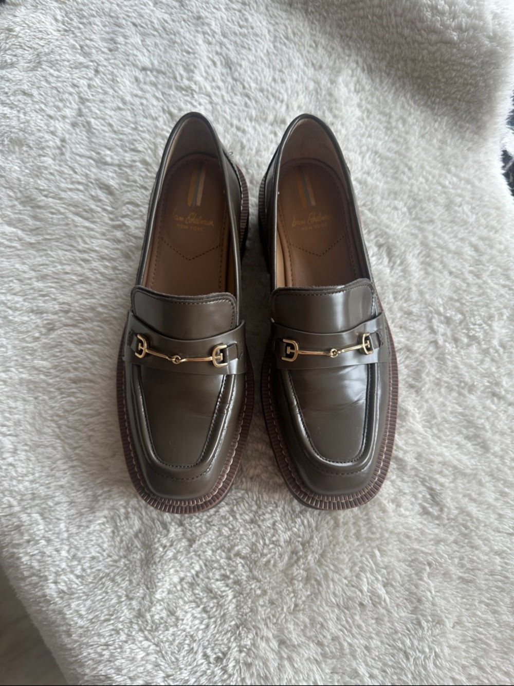 Sam Edelman Taupe Lug Sole Loafers with gold hardware